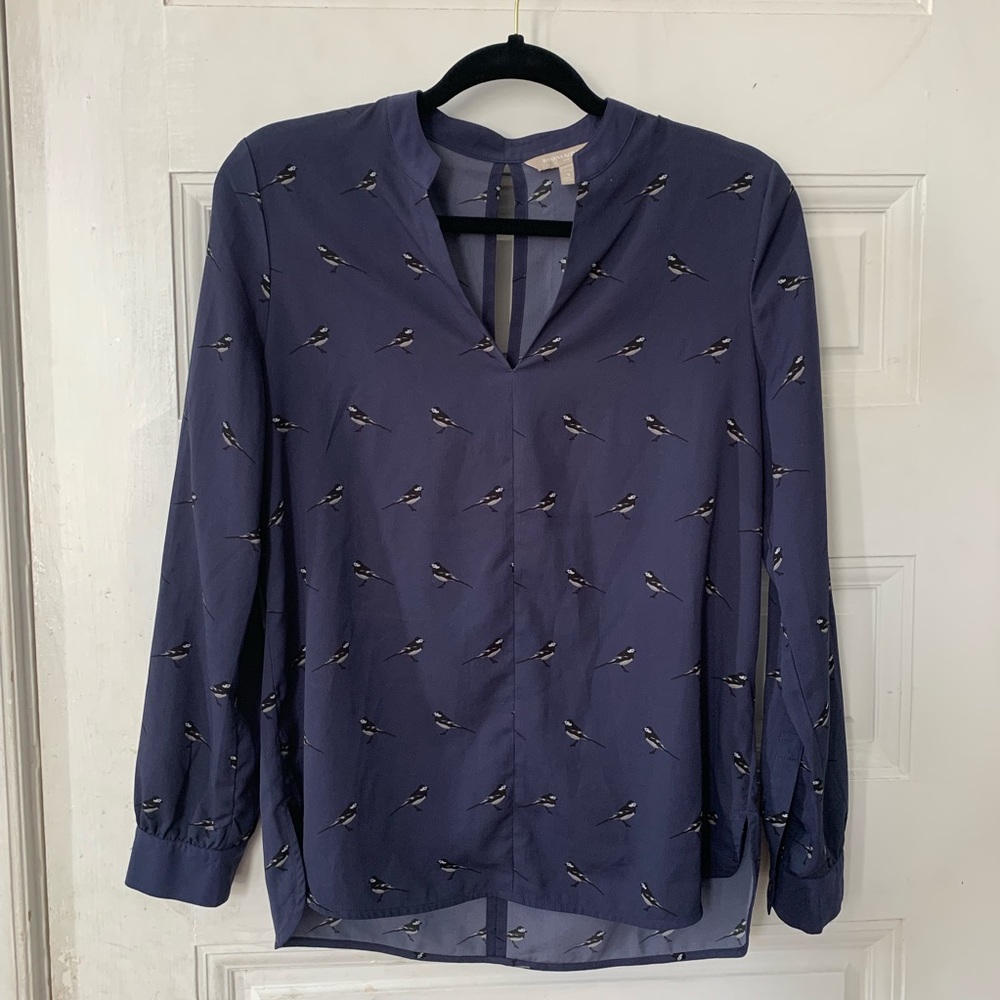 Banana Republic Navy Chick-a-dee bird blouse